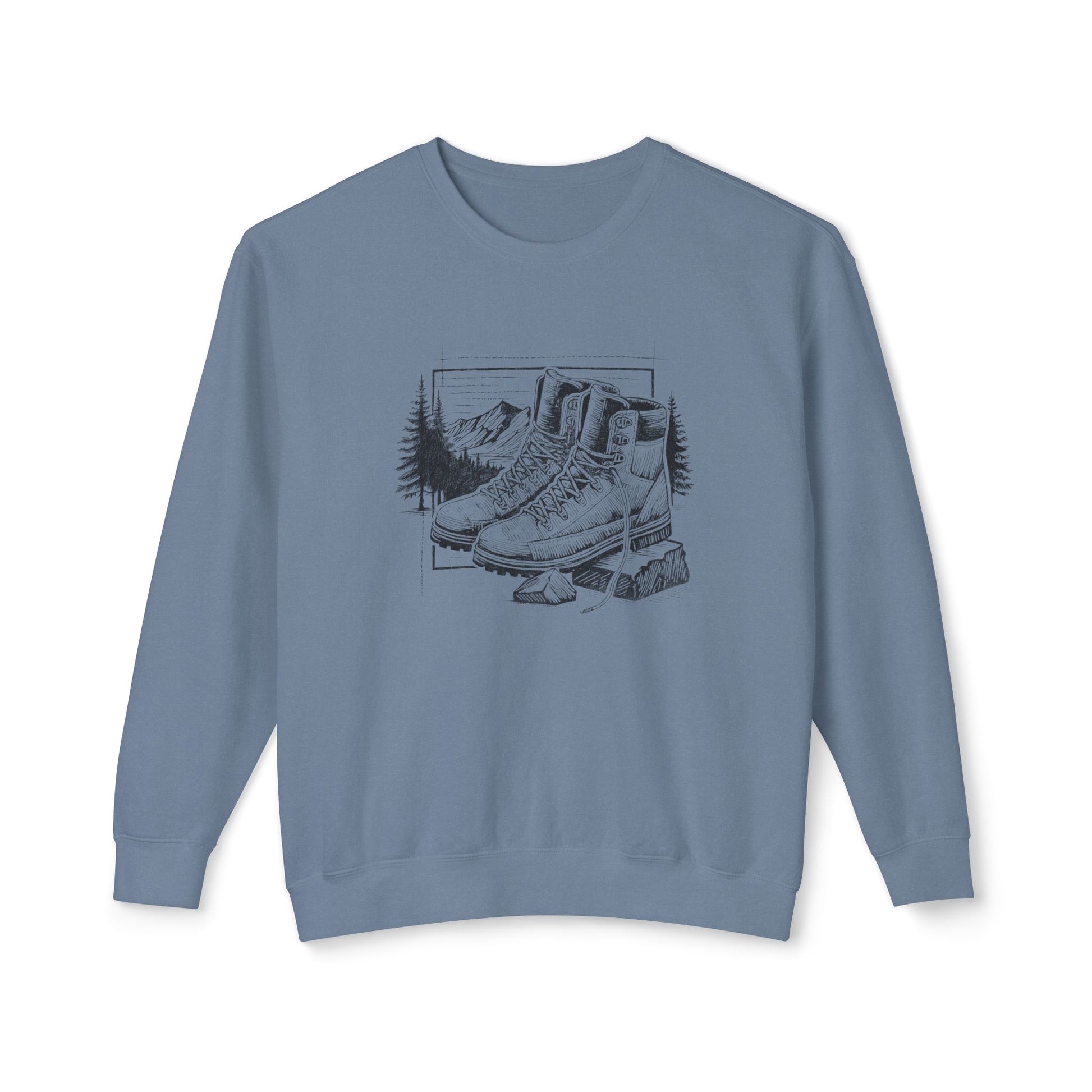Original hand-drawn Hiking Boots illustration from the Kempain 2026 Artist Series on a white background 100% natural cotton heritage sweatshirt in Blue Jean color.