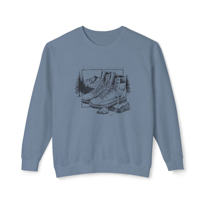 Original hand-drawn Hiking Boots illustration from the Kempain 2026 Artist Series on a white background 100% natural cotton heritage sweatshirt in Blue Jean color.