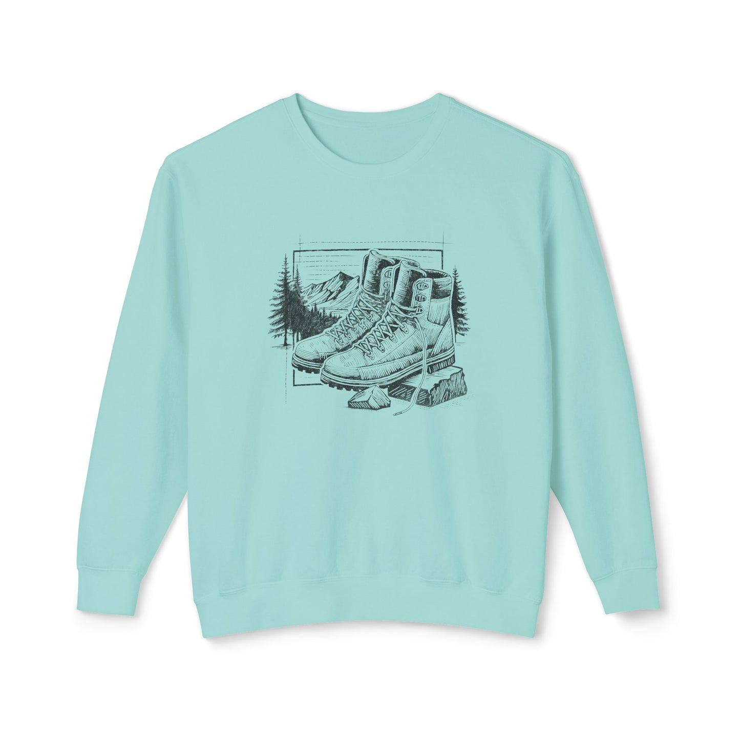 Original hand-drawn Hiking Boots illustration from the Kempain 2026 Artist Series on a white background 100% natural cotton heritage sweatshirt in Chalky Mint color.
