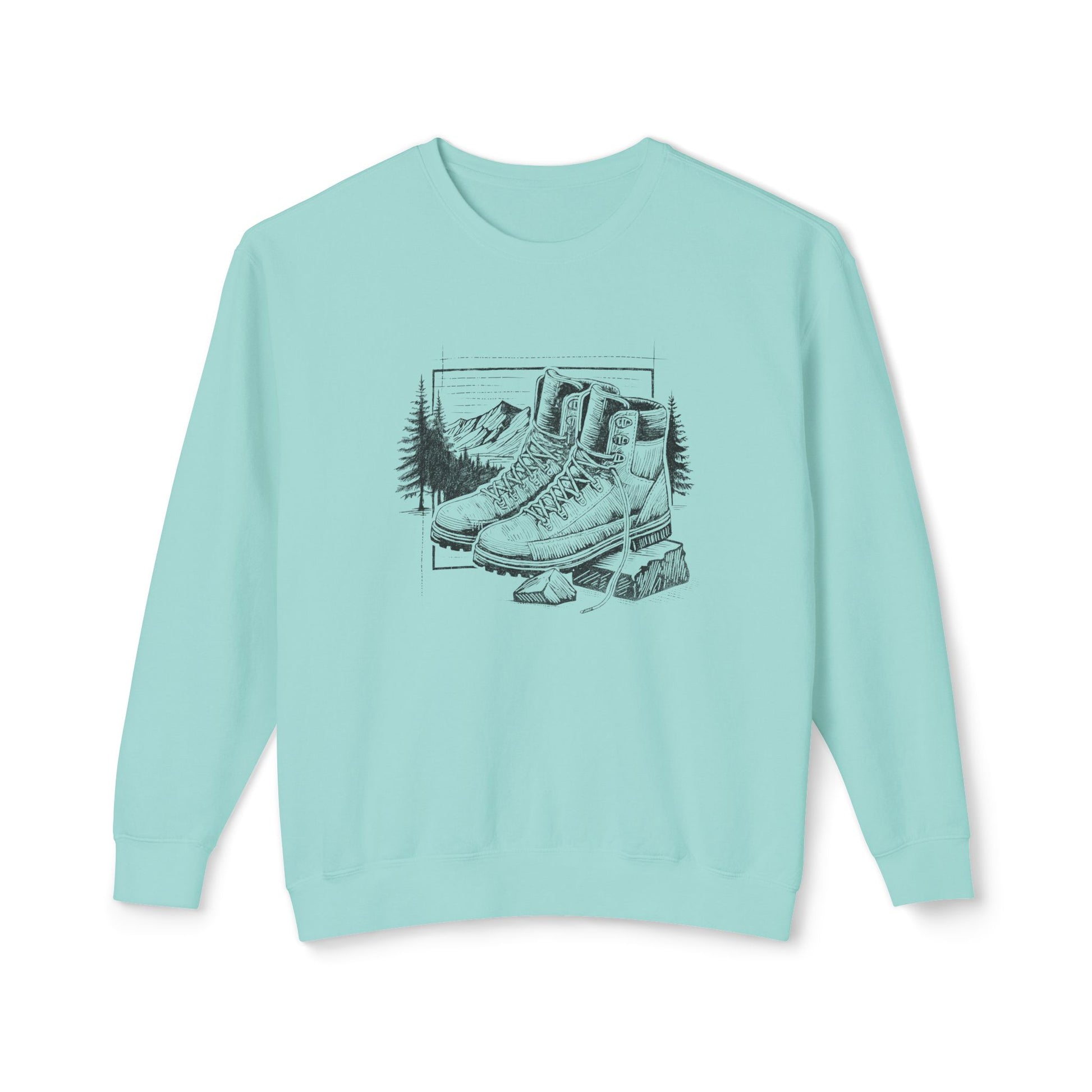 Original hand-drawn Hiking Boots illustration from the Kempain 2026 Artist Series on a white background 100% natural cotton heritage sweatshirt in Chalky Mint color.