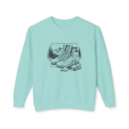 Original hand-drawn Hiking Boots illustration from the Kempain 2026 Artist Series on a white background 100% natural cotton heritage sweatshirt in Chalky Mint color.