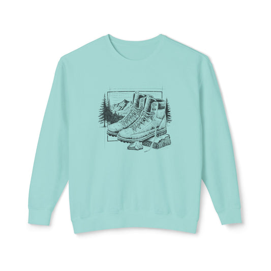 Original hand-drawn Hiking Boots illustration from the Kempain 2026 Artist Series on a white background 100% natural cotton heritage sweatshirt in Chalky Mint color.