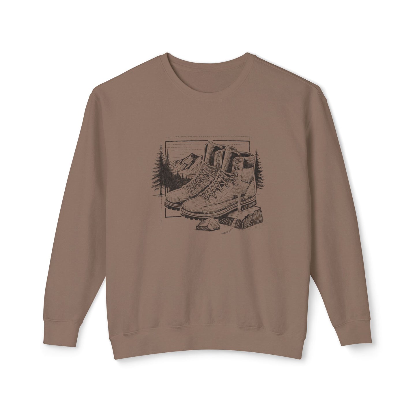 Original hand-drawn Hiking Boots illustration from the Kempain 2026 Artist Series on a white background 100% natural cotton heritage sweatshirt in Espresso color.