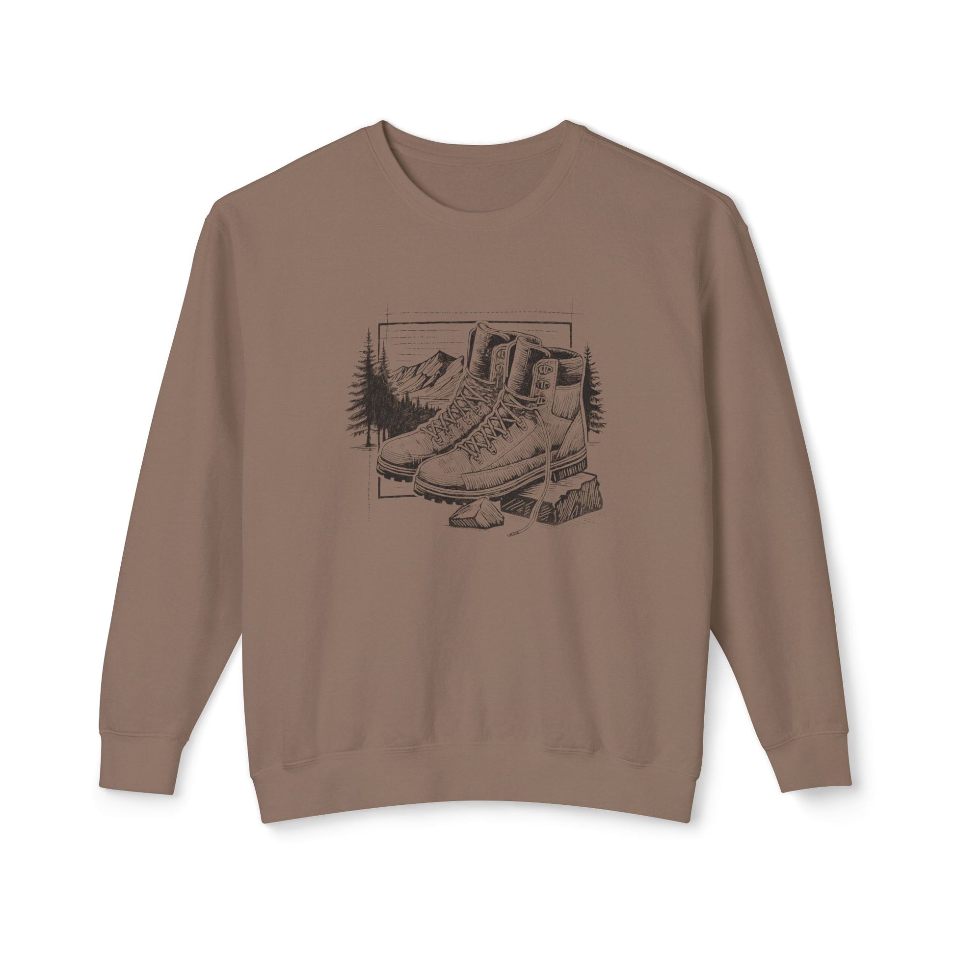Original hand-drawn Hiking Boots illustration from the Kempain 2026 Artist Series on a white background 100% natural cotton heritage sweatshirt in Espresso color.