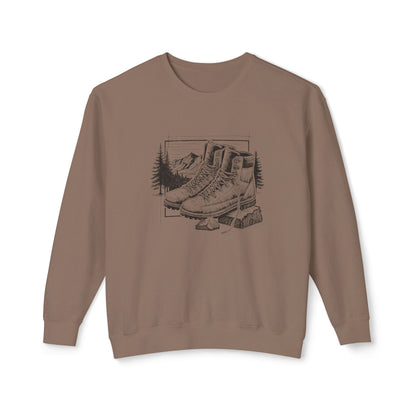 Original hand-drawn Hiking Boots illustration from the Kempain 2026 Artist Series on a white background 100% natural cotton heritage sweatshirt in Espresso color.