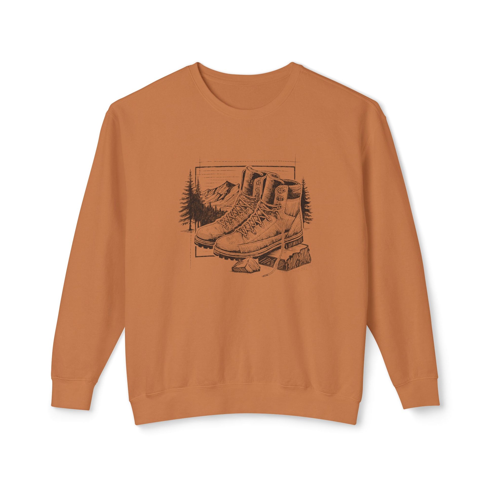 Original hand-drawn Hiking Boots illustration from the Kempain 2026 Artist Series on a white background 100% natural cotton heritage sweatshirt in Yam color.