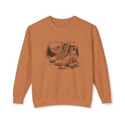 Original hand-drawn Hiking Boots illustration from the Kempain 2026 Artist Series on a white background 100% natural cotton heritage sweatshirt in Yam color.