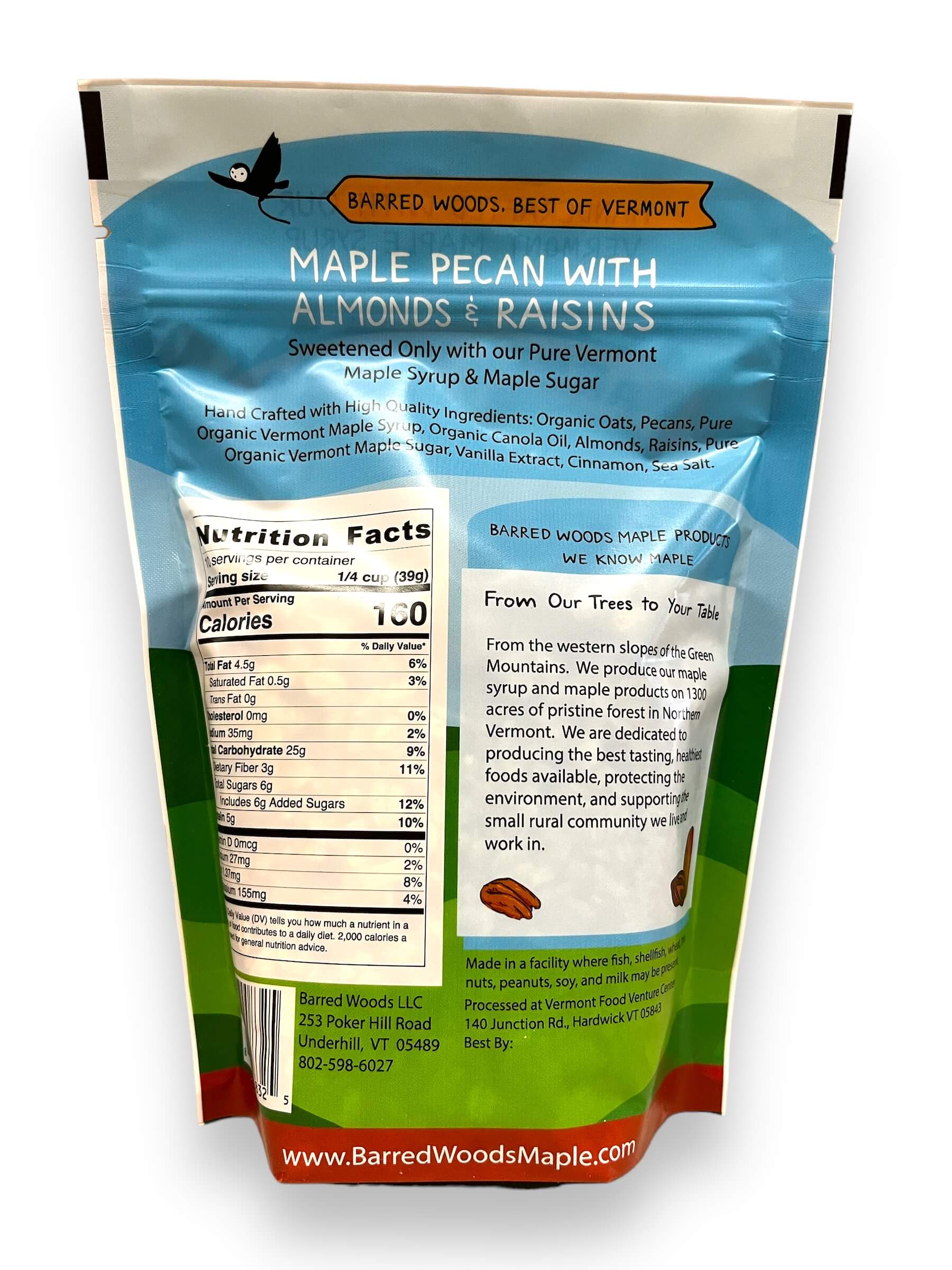 Barred Woods Maple product packaging with nutritional information and branding details.