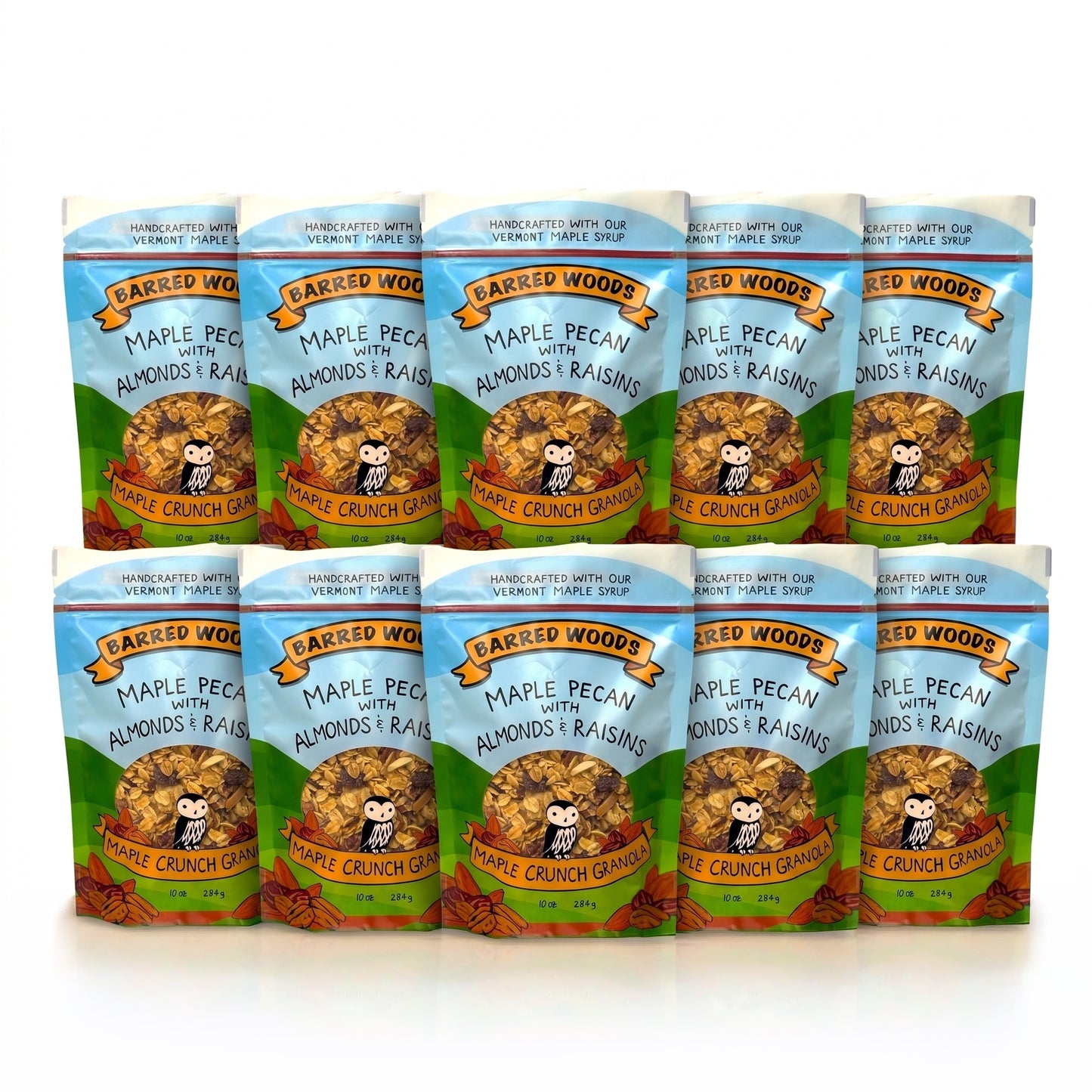 12 packages of Barred Woods Maple Crunch Granola on a white background