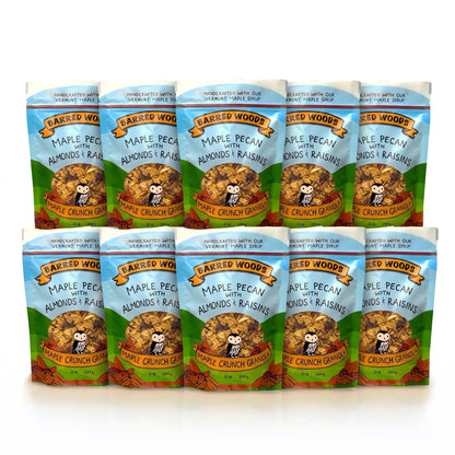 12 packages of Barred Woods Maple Crunch Granola on a white background