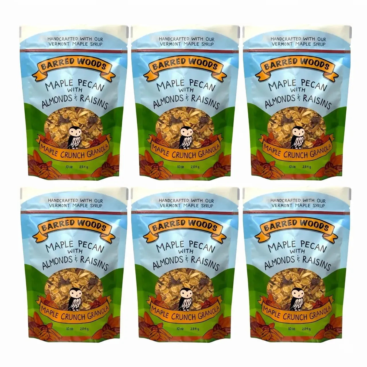 Six packages of Barred Woods Maple Crunch Granola with Pecans, Almonds, and Raisins on a white background.