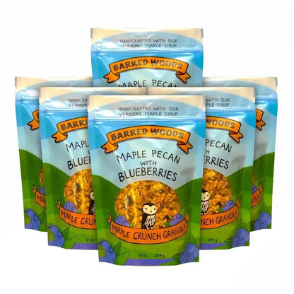 6 packages of Barred Woods Maple Crunch Granola with Blueberries on a white background