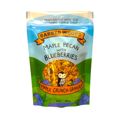 Bag of Barred Woods Maple Crunch Granola with Pecans and Blueberries on a white background