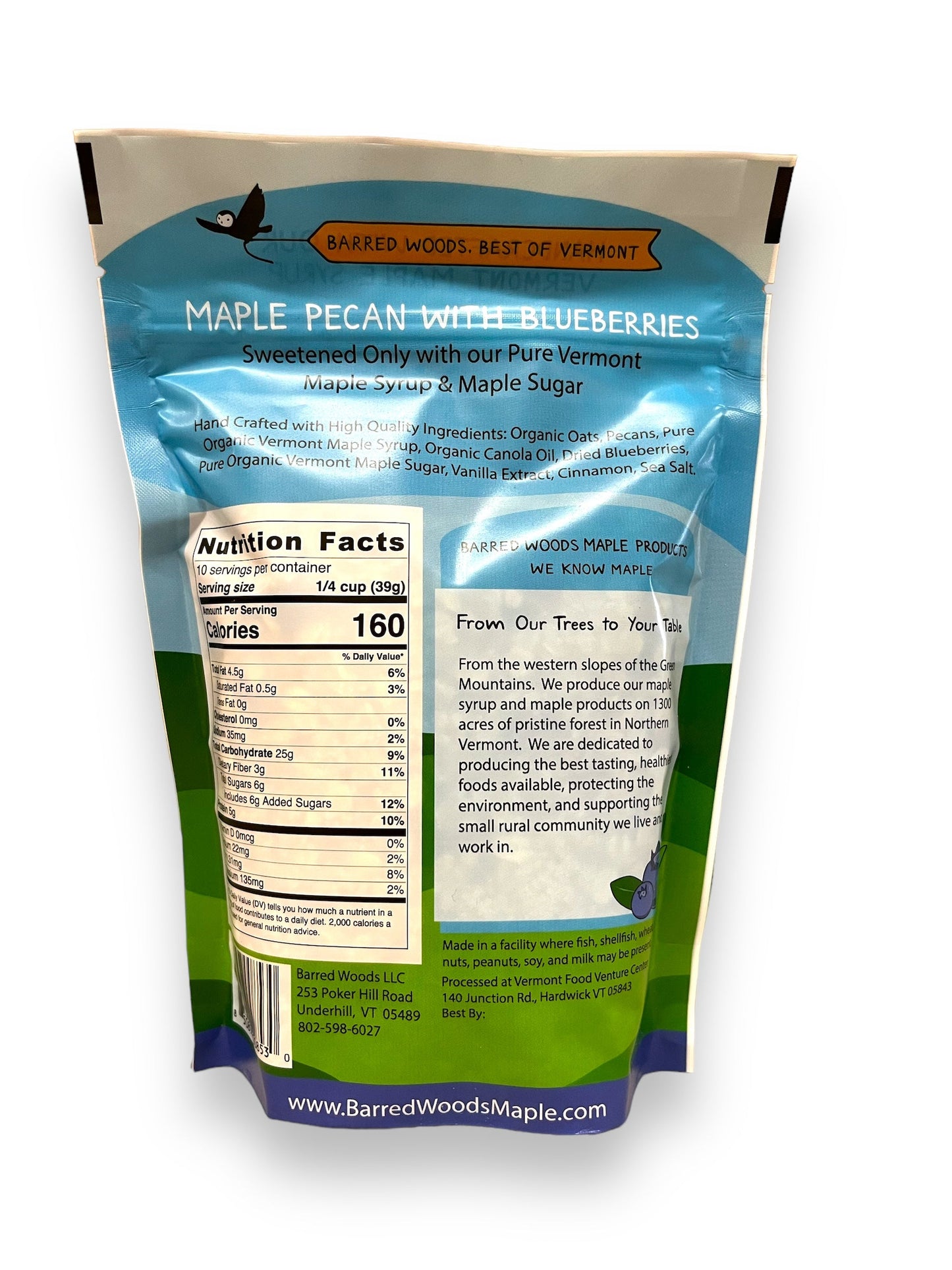 Back view of a Barred Woods Maple product packaging with nutritional information and branding details.