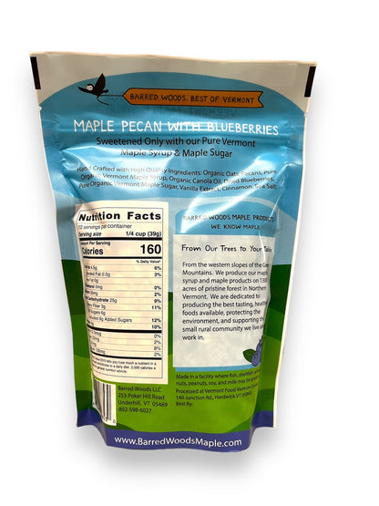 Back view of a Barred Woods Maple product packaging with nutritional information and branding details.