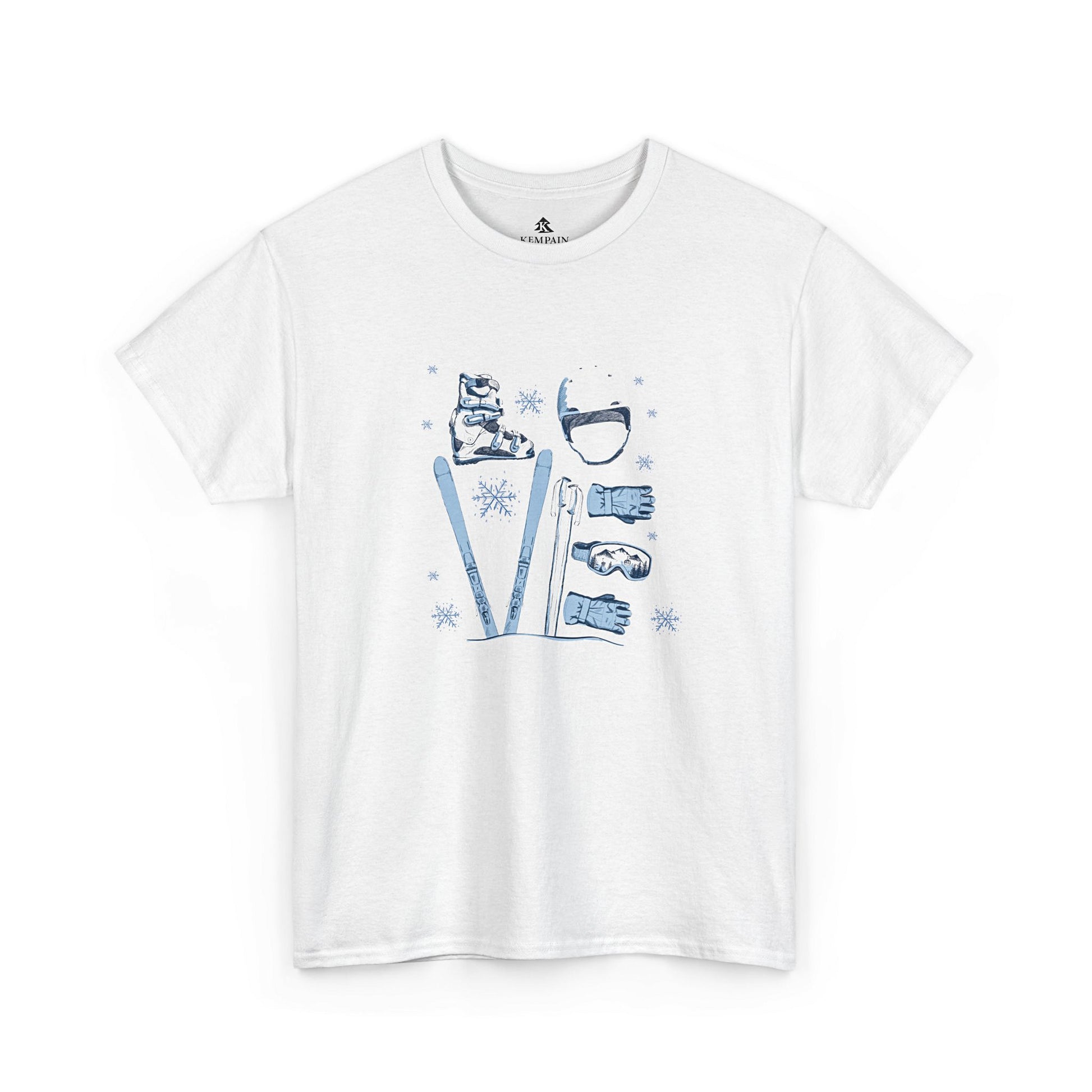 A white crew neck t-shirt with a graphic design that includes illustrated ski boots, a helmet, skis, gloves, goggles, and poles that form letters LOVE.