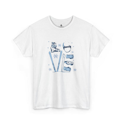 A white crew neck t-shirt with a graphic design that includes illustrated ski boots, a helmet, skis, gloves, goggles, and poles that form letters LOVE.