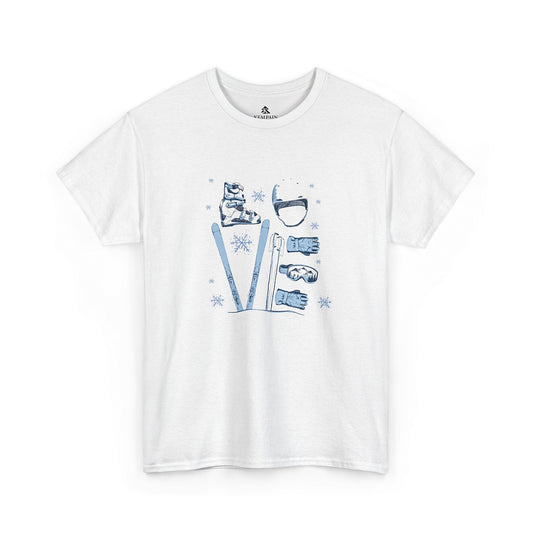 A white crew neck t-shirt with a graphic design that includes illustrated ski boots, a helmet, skis, gloves, goggles, and poles that form letters LOVE.