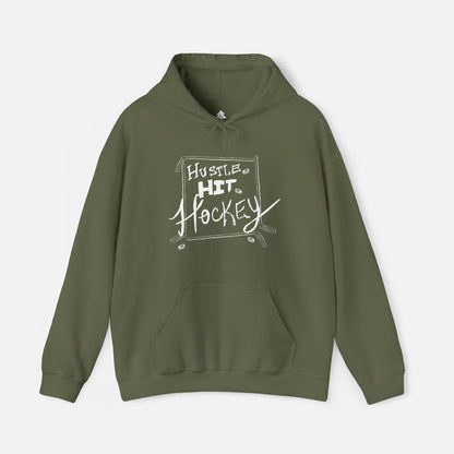 Military Green Hustle Hit Hockey Hoodie with bold hockey-themed design, showcasing comfort and style for hockey fans on white background.