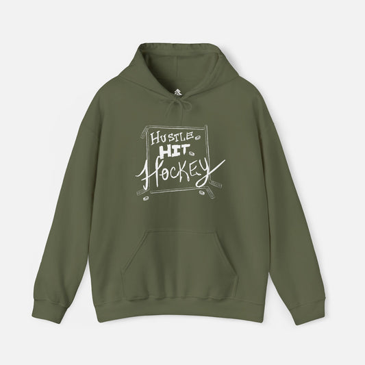 Military Green Hustle Hit Hockey Hoodie with bold hockey-themed design, showcasing comfort and style for hockey fans on white background.