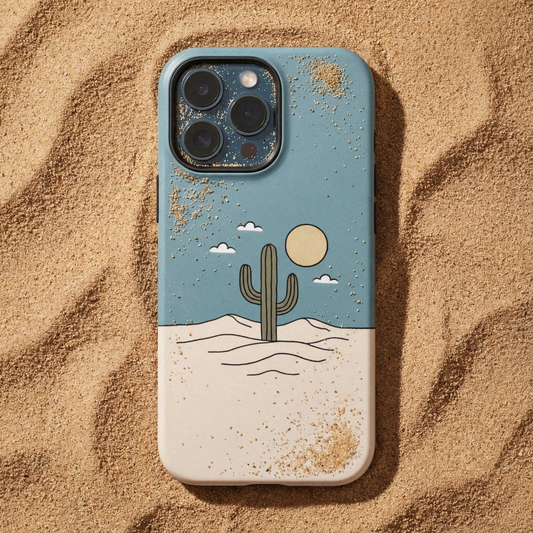 Phone case with desert design featuring a cactus, moon, and clouds on a sandy background