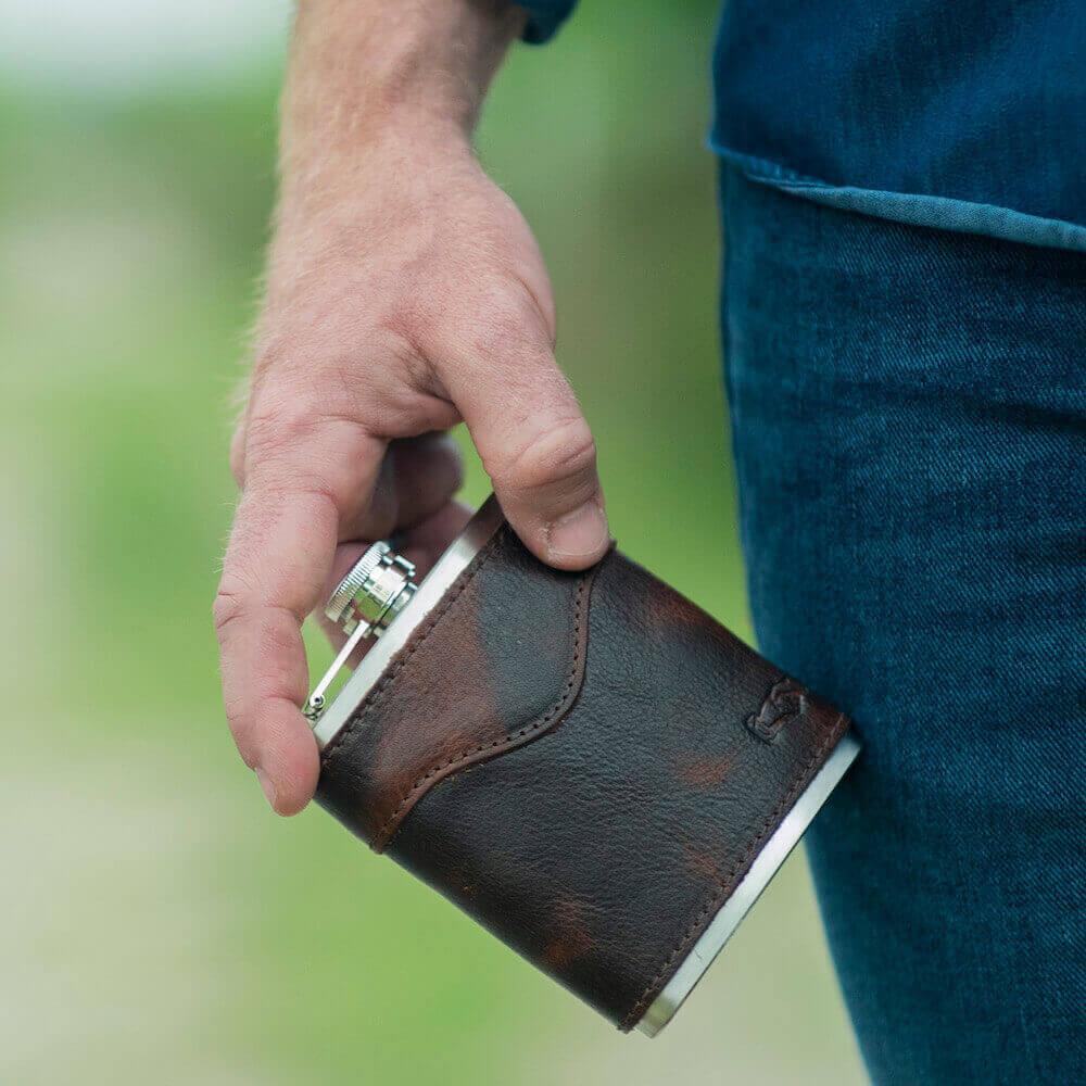The Heritage Leather Wrapped Flask Whiskey by Mission Mercantile Leather Goods