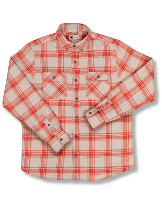 Red and beige plaid shirt on a white background
