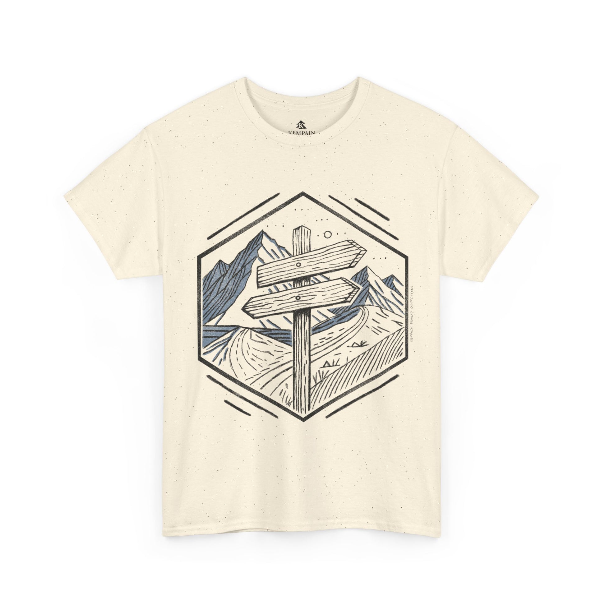 Natural color Wilderness Way Trail Sign T-Shirt displayed flat on a white background, showcasing a clean and modern hiking-inspired design.