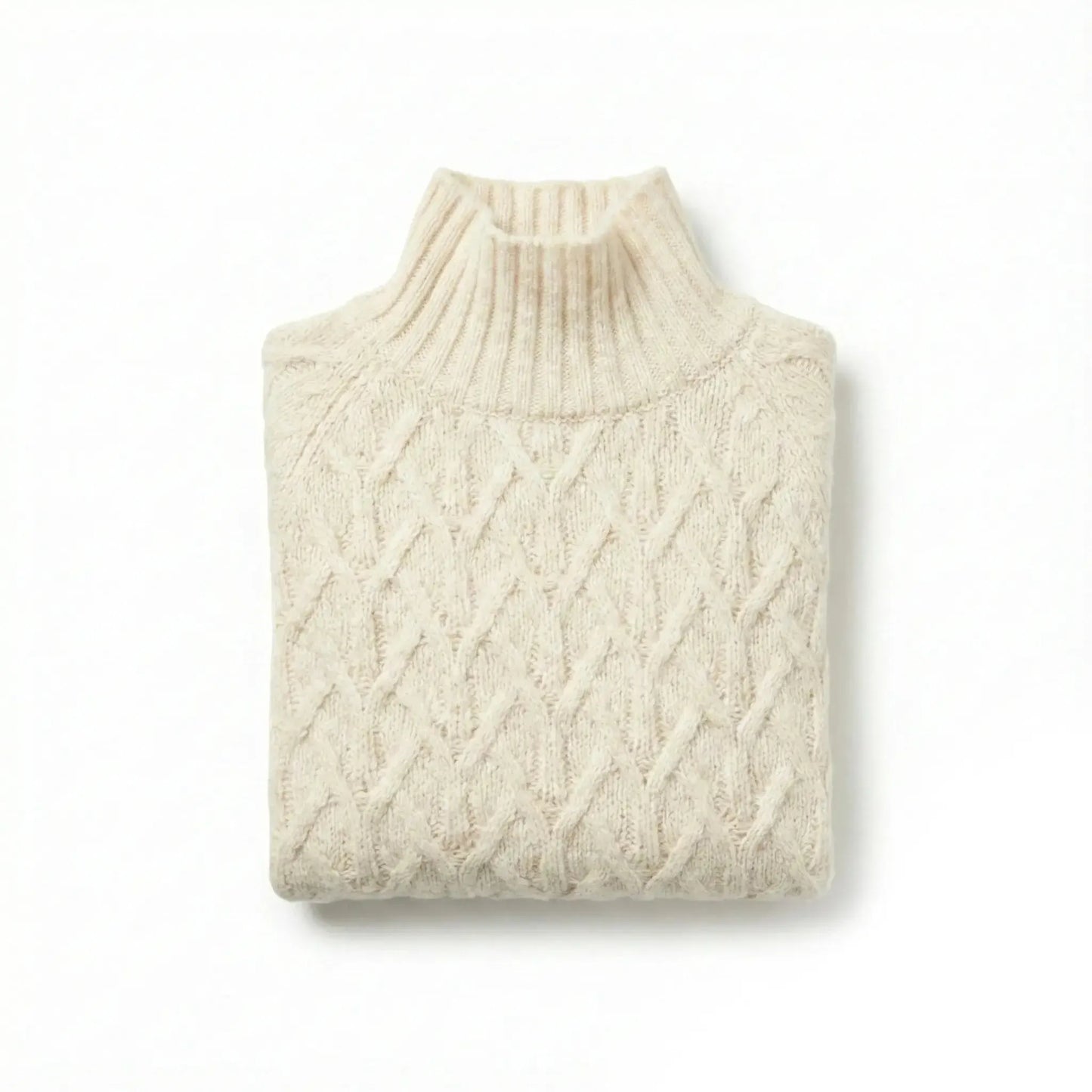 Natural alpaca wool sweater featuring a lattice cable knit pattern and mock neck design on a white background.
