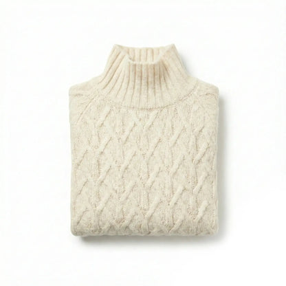 Natural alpaca wool sweater featuring a lattice cable knit pattern and mock neck design on a white background.