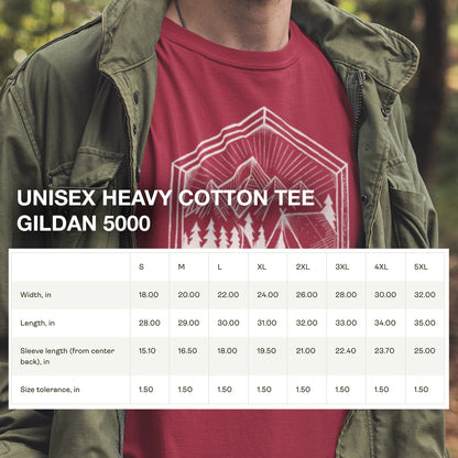 Size chart for the Nature’s Refuge Geometric Camping T-Shirt, detailing measurements for a comfortable and relaxed fit.
