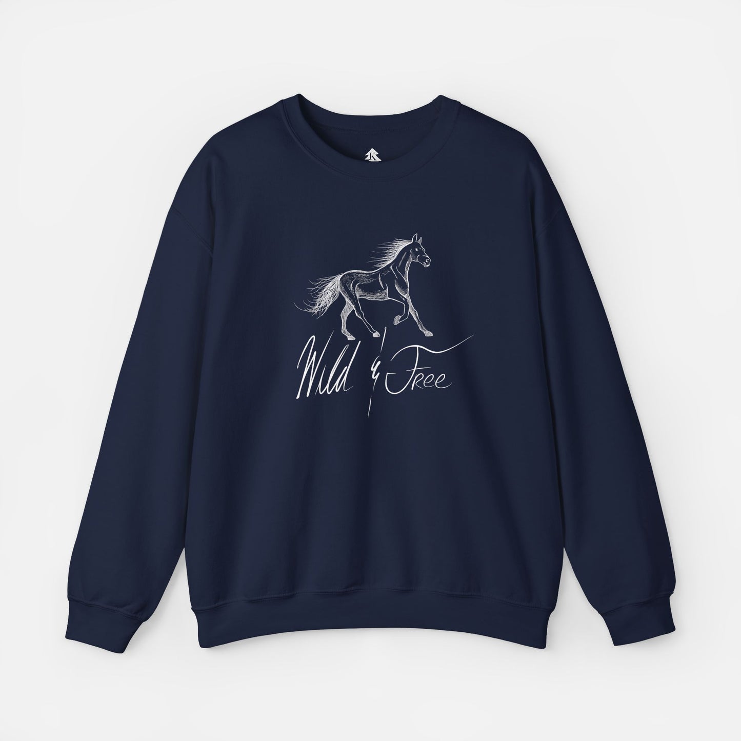 Wild and Free Elegant Horse Illustration Sweatshirt in navy blue on a white background, featuring a graceful equine design for horse lovers and equestrian fashion enthusiasts.