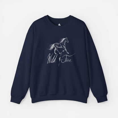 Wild and Free Elegant Horse Illustration Sweatshirt in navy blue on a white background, featuring a graceful equine design for horse lovers and equestrian fashion enthusiasts.