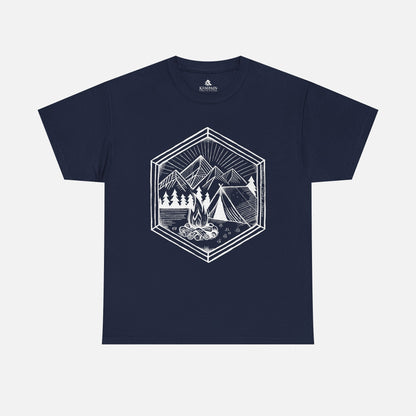 Nature’s Refuge Navy Blue Camping T-Shirt displayed flat on a white background, showcasing a geometric outdoor adventure design.