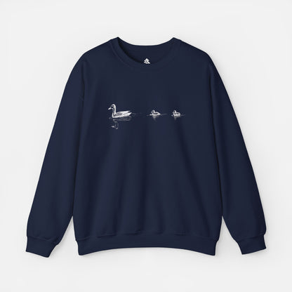 Navy Blue Duck Family Minimalist Sweatshirt – Mommy Duck and Two Ducklings Design, Unisex Pullover, Cute Duck Print Jumper, Animal Lover Gift on white background.