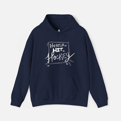 Navy Hustle Hit Hockey Hoodie with bold hockey-themed design, showcasing comfort and style for hockey fans on white background.