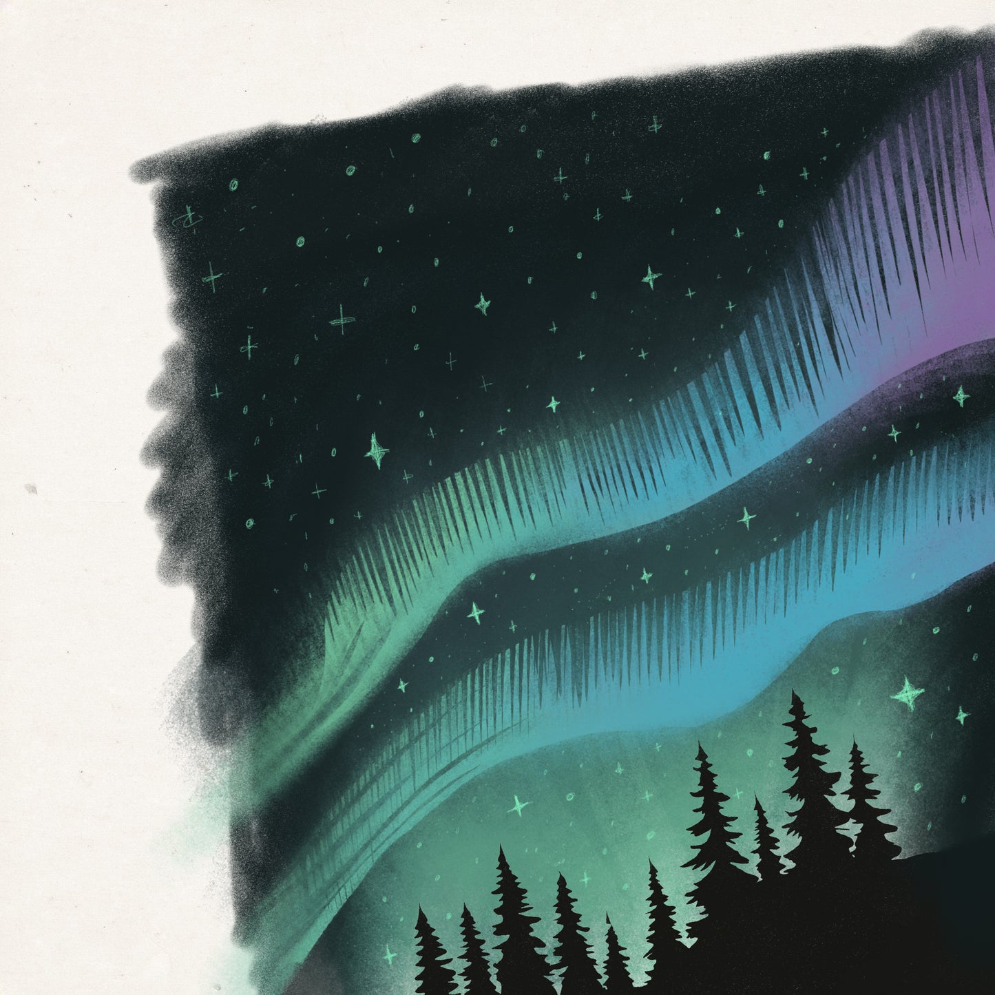 A close up of the original drawing used on the Northern Lights phone case by Jordan Kempain detailing the texture and line work of the Artist.