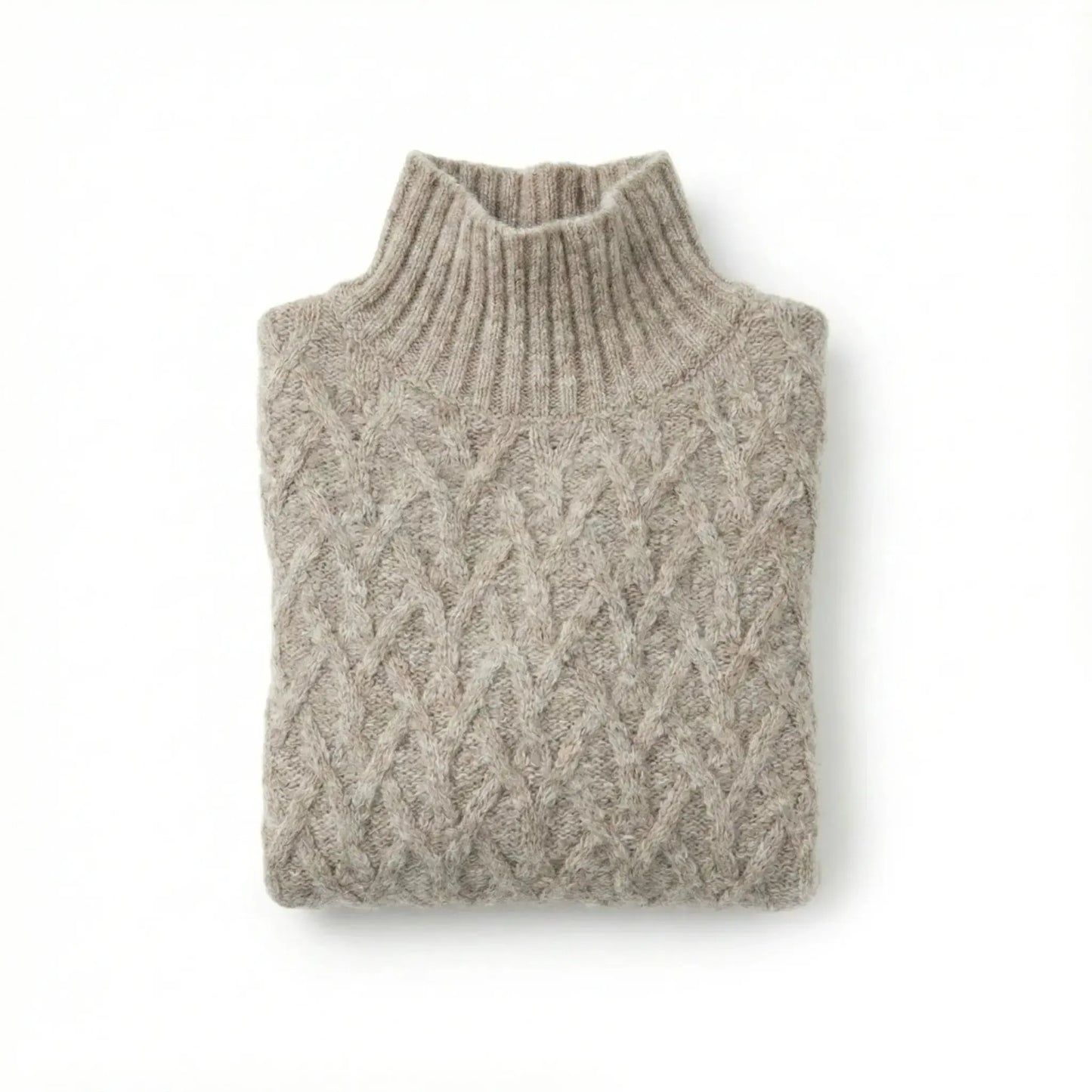 Oat alpaca wool sweater featuring a lattice cable knit pattern and mock neck design on a white background.