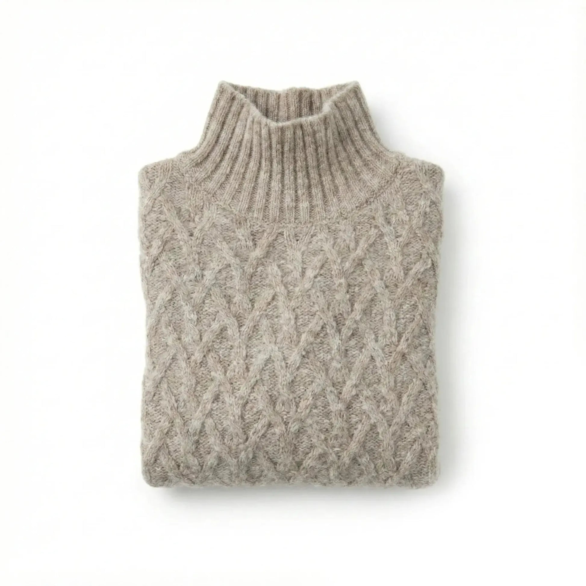 Oat alpaca wool sweater featuring a lattice cable knit pattern and mock neck design on a white background.
