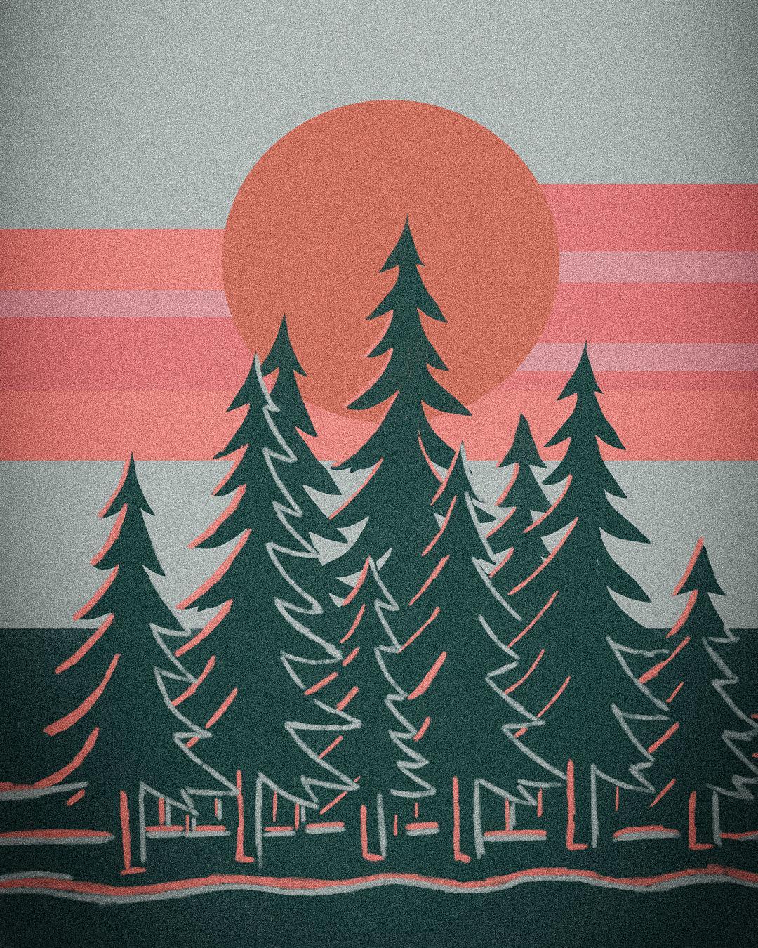 A closer look at the texture and design of the original digital artwork by Jordan Kempain featuring pine trees outlined in retro pink and orange colors with a Sun and retro stripes in the sky.