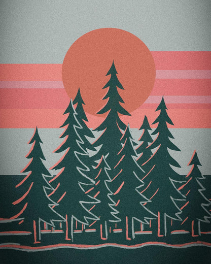 A closer look at the texture and design of the original digital artwork by Jordan Kempain featuring pine trees outlined in retro pink and orange colors with a Sun and retro stripes in the sky.