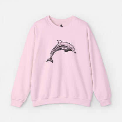 Pink Minimalist Pen & Ink Dolphin Illustration Sweatshirt front view on white background, featuring an elegant dolphin design for ocean lovers and artistic fashion enthusiasts.