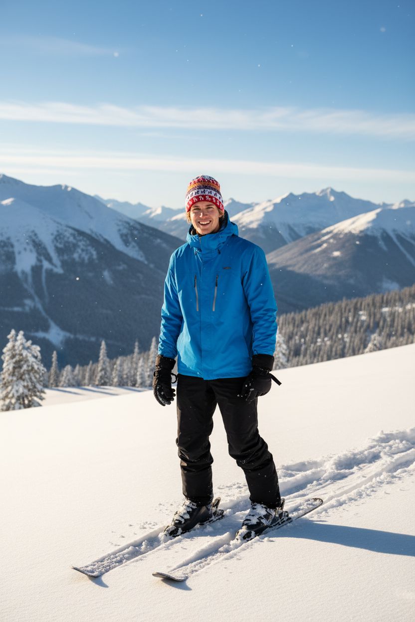 A person standing on skis in a snowy mountain setting, wearing a bright blue jacket, black pants, black gloves, and a red-and-white knit Alpaca beanie, with snow-covered peaks and a blue sky in the background.