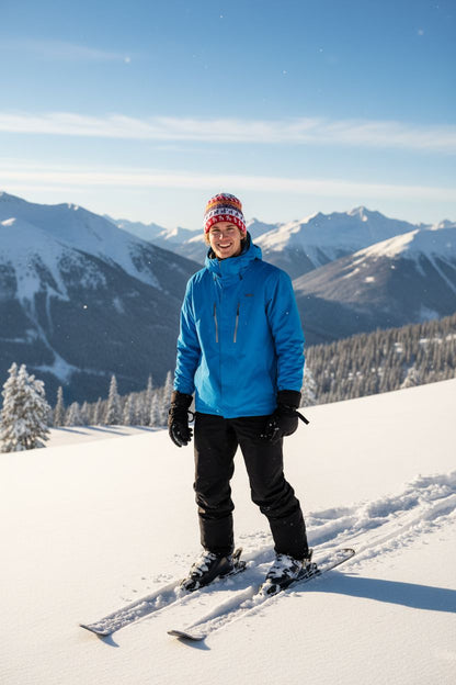 A person standing on skis in a snowy mountain setting, wearing a bright blue jacket, black pants, black gloves, and a red-and-white knit Alpaca beanie, with snow-covered peaks and a blue sky in the background.