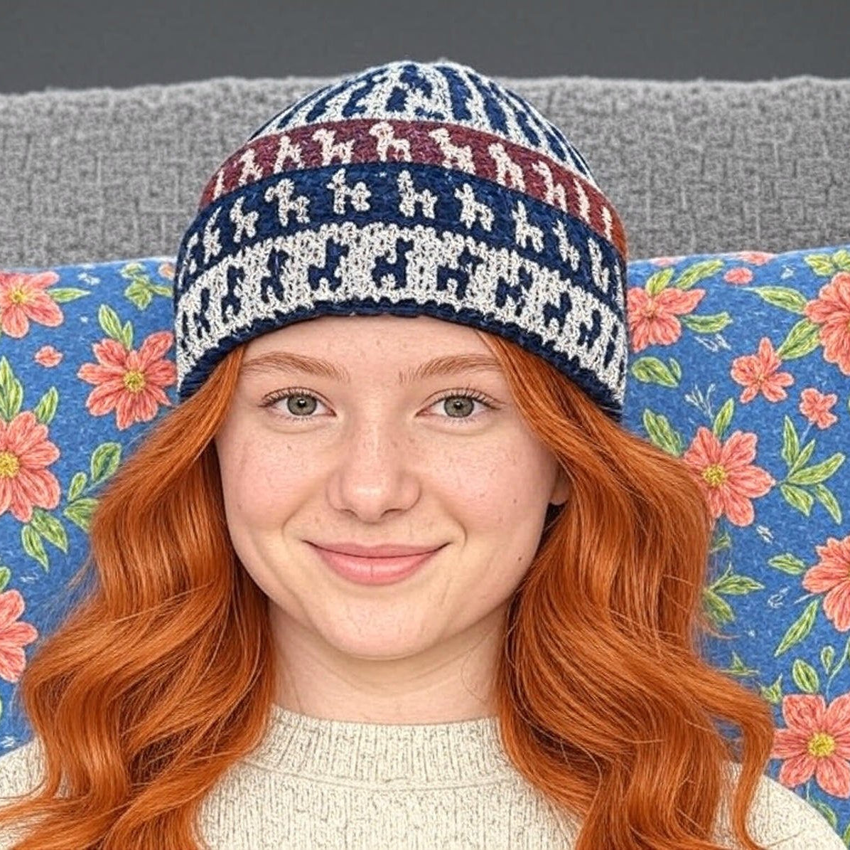 Person wearing a patterned Alpaca beanie sitting on a floral cushion with a gray couch background