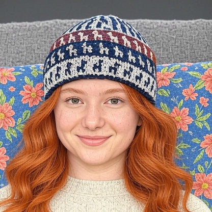 Person wearing a patterned Alpaca beanie sitting on a floral cushion with a gray couch background
