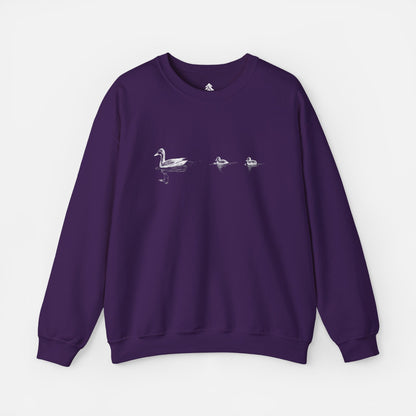 Purple Duck Family Minimalist Sweatshirt – Mommy Duck and Two Ducklings Design, Unisex Pullover, Cute Duck Print Jumper, Animal Lover Gift on white background.