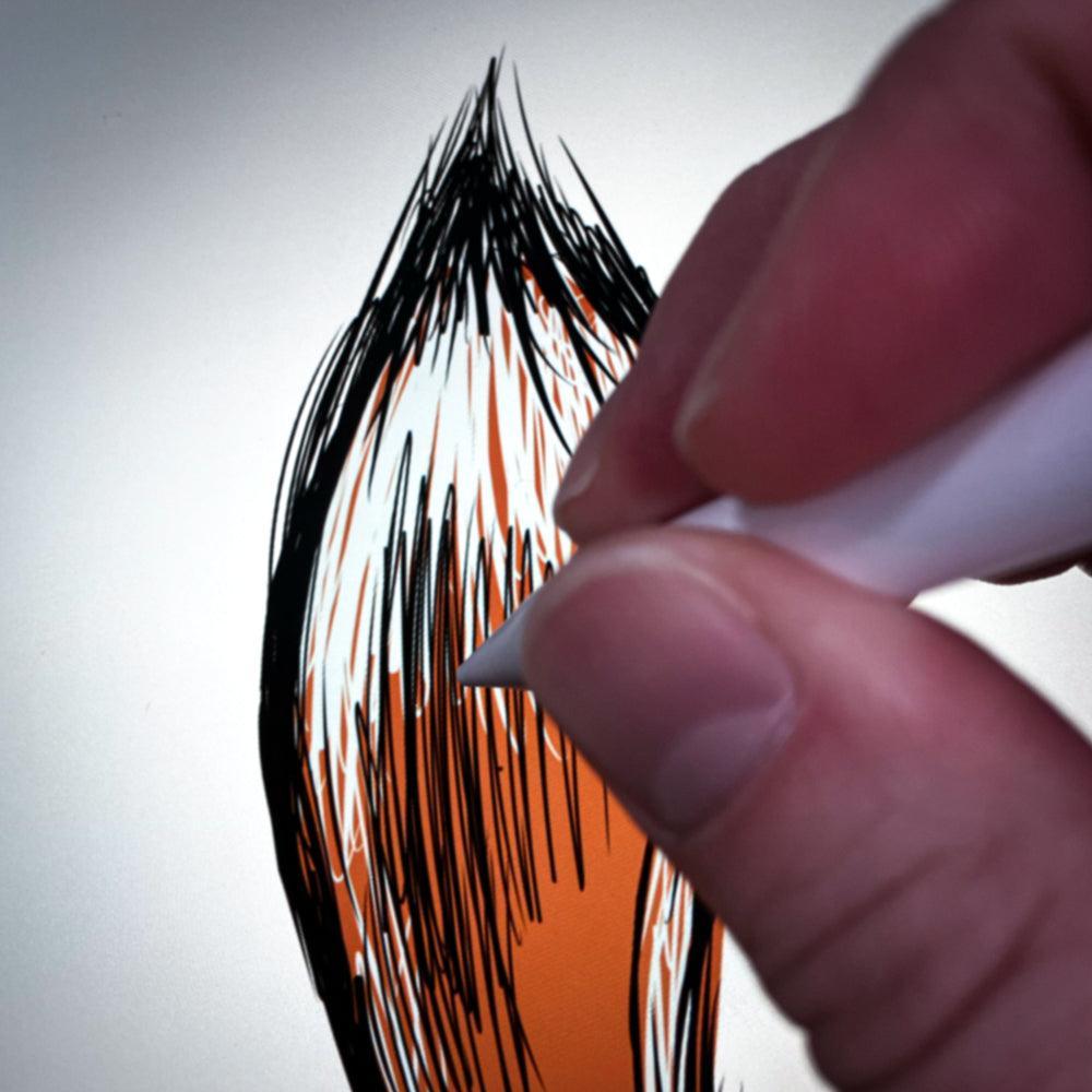 Macro shot of Hand drawing a fox's tail with a apple pencil on a white background showcasing Jordan Kempain's illustration process and the line detail on the fox tail.