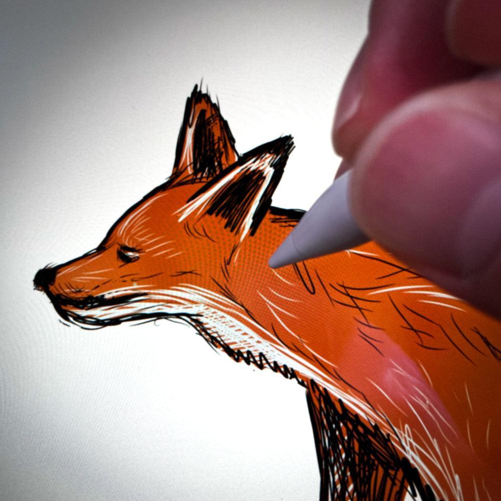 Hand drawing a fox with a pen on a white background featuring Jordan Kempain's illustration process and fox detail.