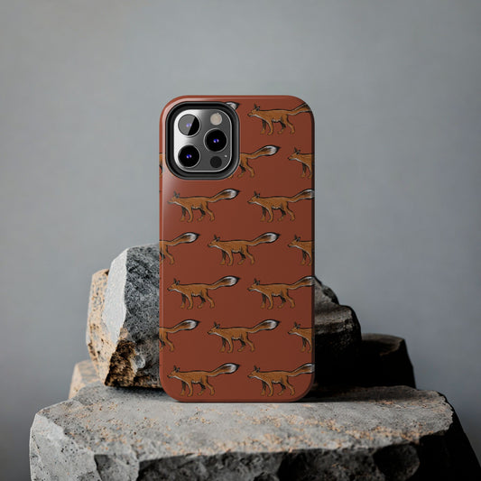 A fox pattern phone case displayed on a rock. Perfect outdoor wildlife style for everyday phone protection.